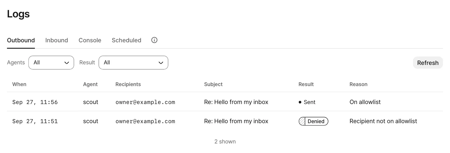 The Outbound tab of the logs: two replies from scout to owner@example.com. The older one was denied because the recipient wasn't on the allowlist; the newer one above it was sent.