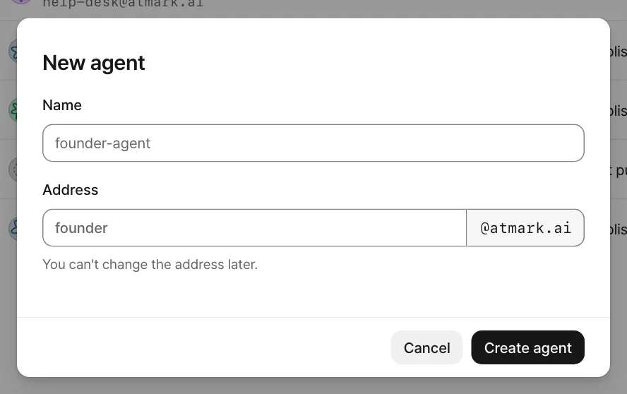 The Agents screen with the new agent dialog open