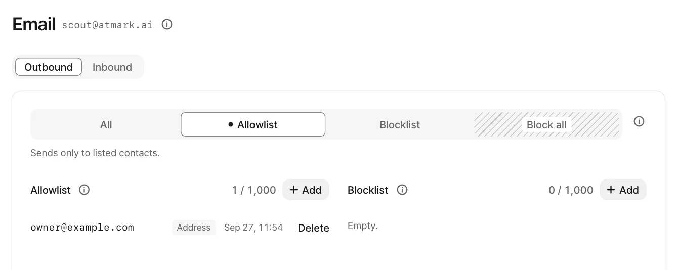 The Outbound column on scout's Email screen, with owner@example.com as the only address on the send allowlist